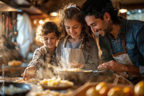 Family Cooking Together in a Rustic Home Kitchen