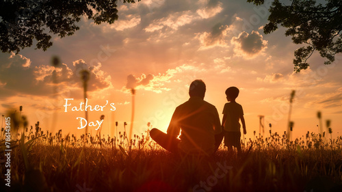 text  Father s Day  with silhouette of father and son in the park at sunrise