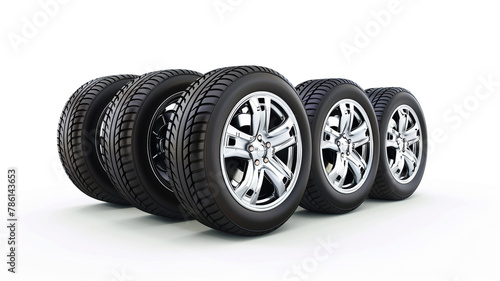 new tires with car wheels on white background isolated on white background © Yuwarin