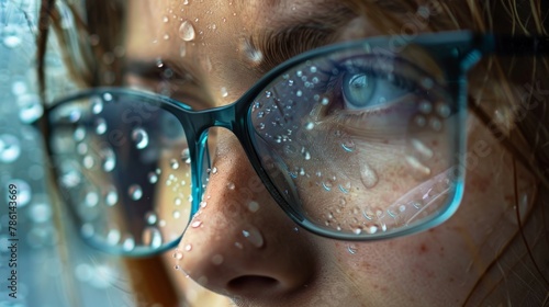 Eyeglasses covered with raindrops (rain) showing a girl with a vision problem.