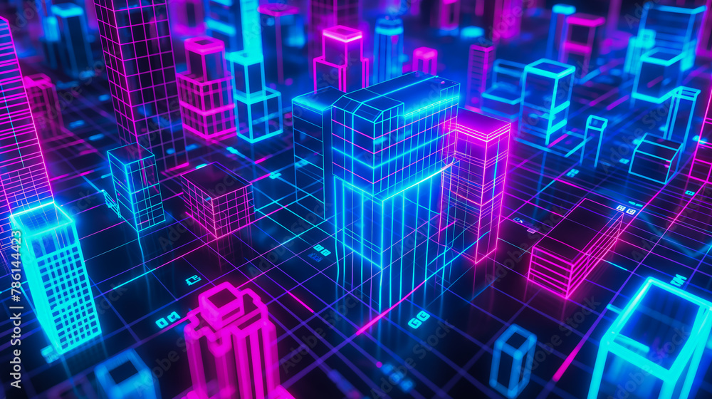A detailed neon wireframe of a bustling digital cityscape.