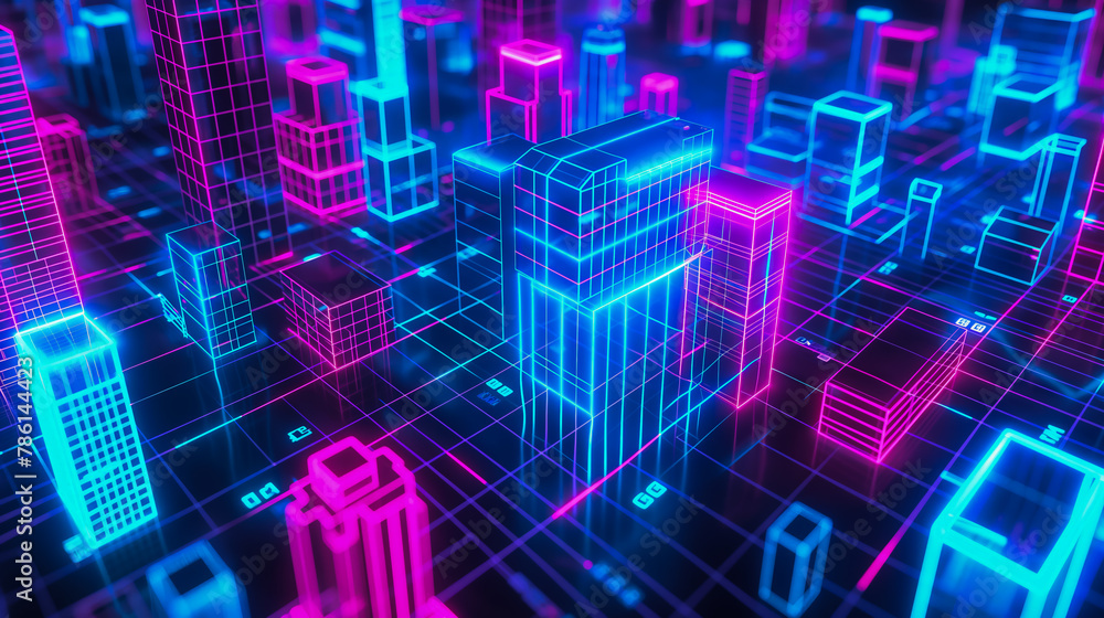 A detailed neon wireframe of a bustling digital cityscape. A detailed neon wireframe of a bustling digital cityscape.