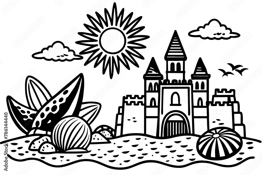 A sunny day at the beach with sandcastles and seashells vector silhouette 