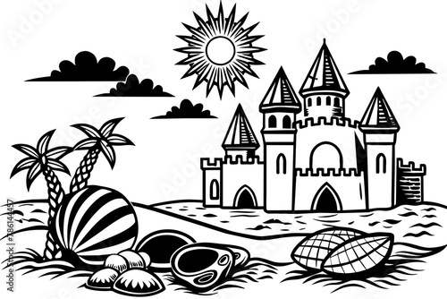A sunny day at the beach with sandcastles and seashells vector silhouette 