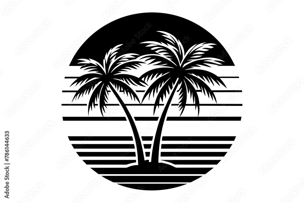Retro vintage style sunset, palm tree,  Adobe Illustrator illustration, 16k, T - shirt design, T - shirt graphic, retro vintage style circle., illustration