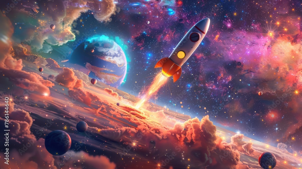Naklejka premium A captivating illustration showcasing a space-themed wallpaper featuring a delightful cartoon rocket exploring an enchanting galaxy filled with vibrant planets