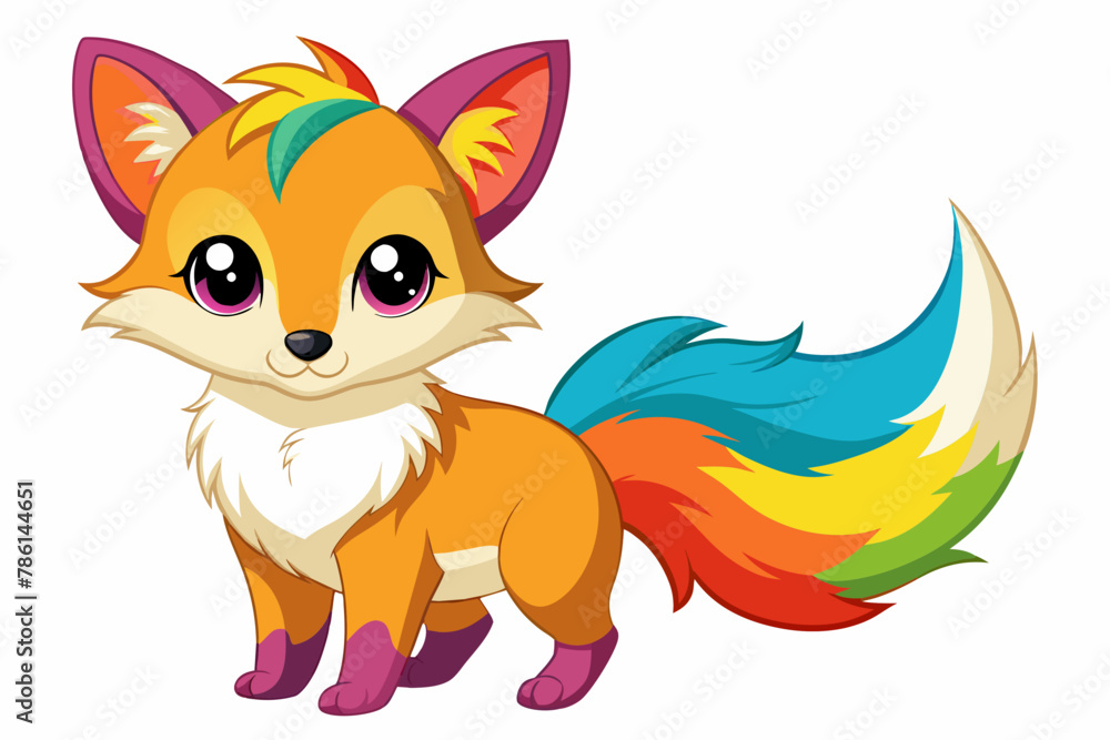 Fototapeta premium Very cute baby fox, rainbow fur, full body, plain white background