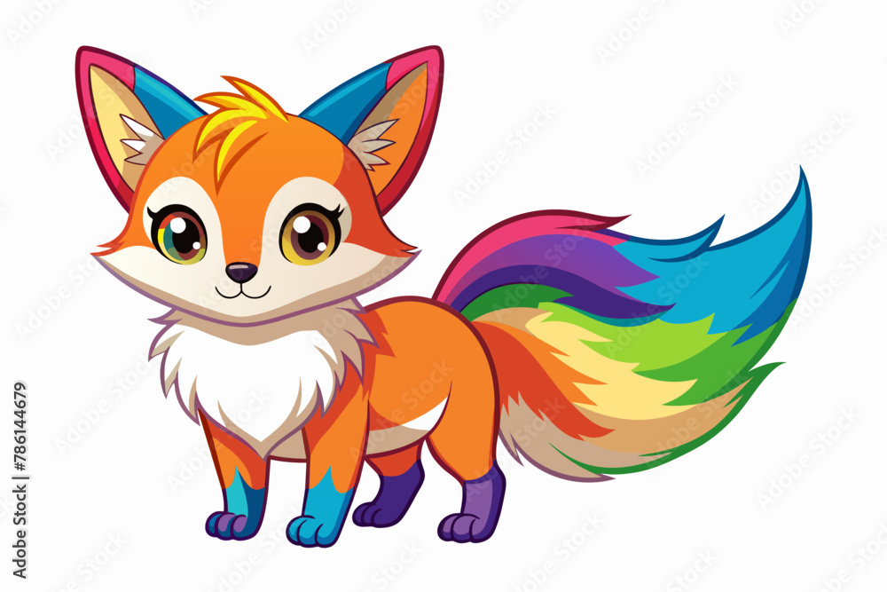Obraz premium Very cute baby fox, rainbow fur, full body, plain white background