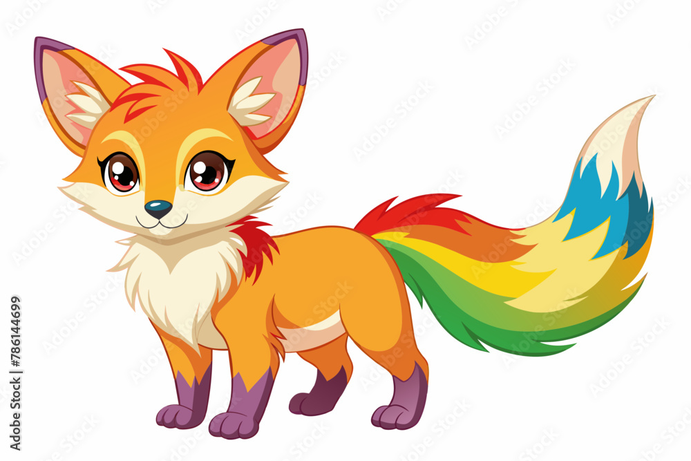 Fototapeta premium Very cute baby fox, rainbow fur, full body, plain white background
