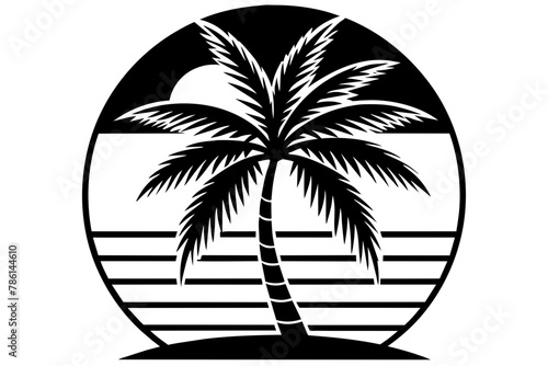 Retro vintage style sunset, palm tree,  Adobe Illustrator illustration, 16k, T - shirt design, T - shirt graphic, retro vintage style circle., illustration