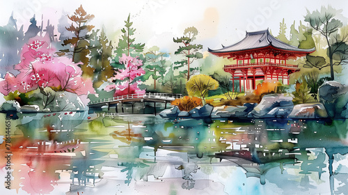 Colorful Japanese garden in watercolor, Generative AI