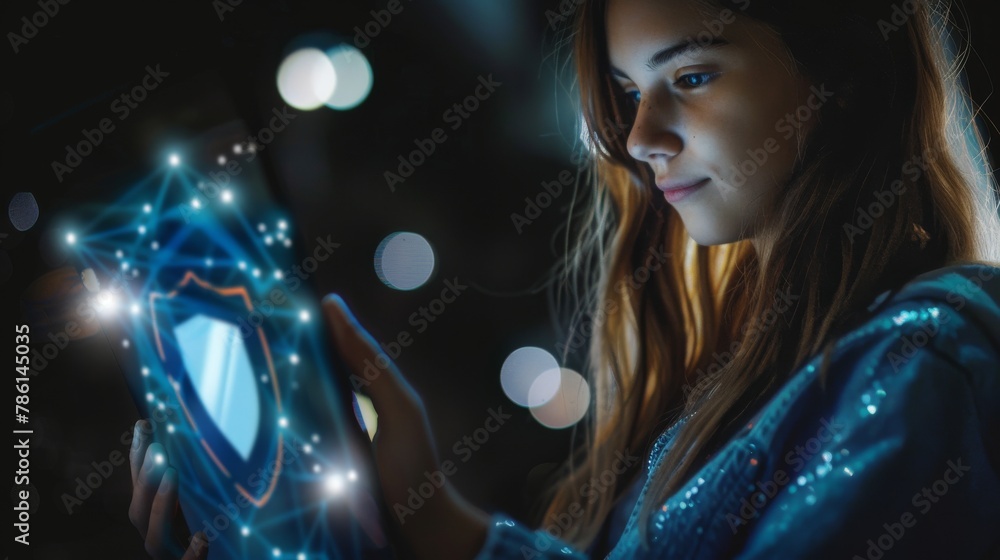 The image of a girl holding a tablet and a shield icon represents the concept of data privacy, online security, and protection. The image of a girl holding a tablet and a shield icon represents the concept of data privacy, online security, and protection.