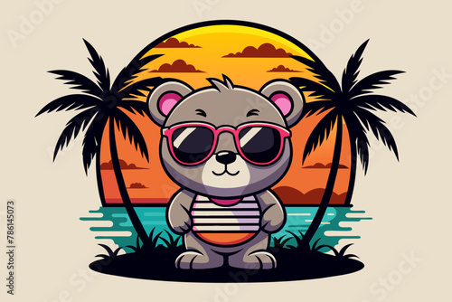 Vector t-shirt design, vector art with black outlines, a cute teddy bear with sunglasses and with palm trees and a sunset, with a small beach in reflection illustration, white background, clipart