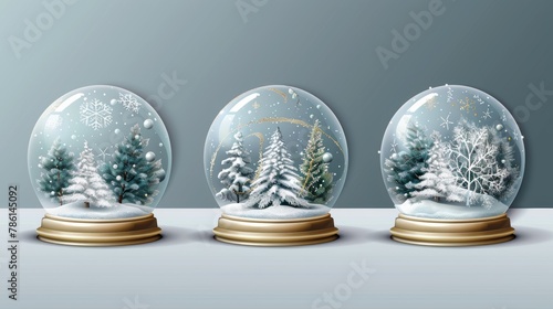 Crystal semisphere containers, isolated silver and gold bases. Festive xmas gift mockup. A collection of realistic 3D moderns. photo