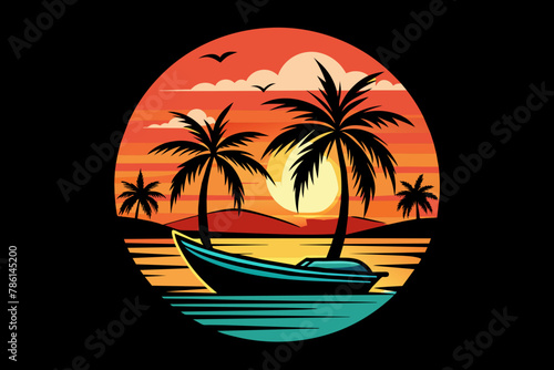 Vector t-shirt design  vector art with black outlines  a small boat with palm trees and a sunset  with a small beach in reflection illustration  white background  clipart