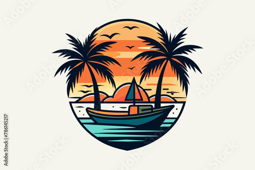 Vector t-shirt design  vector art with black outlines  a small boat with palm trees and a sunset  with a small beach in reflection illustration  white background  clipart