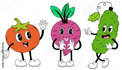 Groovy vegetables set. Hand draw Funny Retro vintage trendy style vegetables cartoon character. Cucumber, tomato, beetroot. Vector doodle comic collection © PawLoveArt