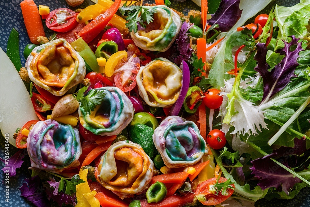 Rainbow cheese tortellini with fresh vegetables and salad