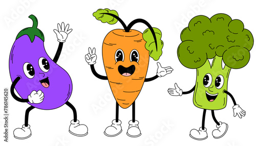 Groovy vegetables set. Hand draw Funny Retro vintage trendy style vegetables cartoon character. Eggplant, carrots, broccoli. Vector doodle comic collection © PawLoveArt