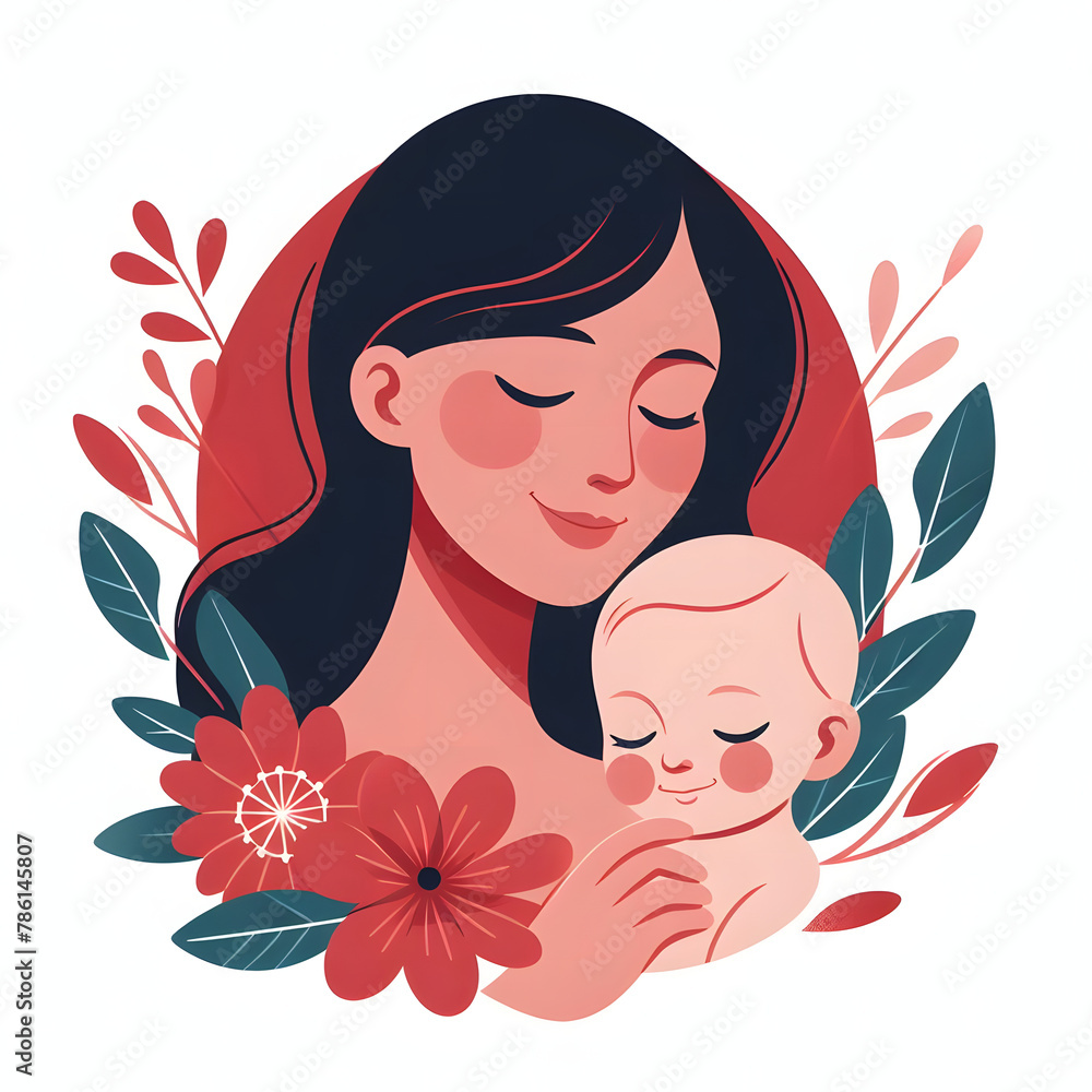 Mom face closeup with baby, flower, and leaves, red color, isolated on a white background, flat vector illustration
Mom face closeup with baby, flower, and leaves, red color, isolated on a white background, flat vector illustration