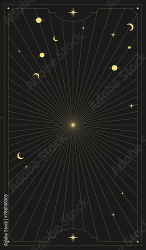 Mystic celestial golden frame with stars, moon phases, crescents, arrows and copy space. Ornate shiny magical linear geometric border. Ornate magical banner with a place for text
