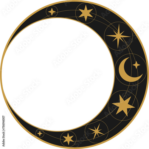 Mystical sticker with golden sun, magical crescents and stars. Sketch tattoo in boho style on a black background. Label with moons and occult symbols