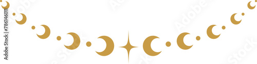 Celestial golden border with stars, moon phases, crescents and dots. Ornate shiny magical isolated clipart for mystic decoration
