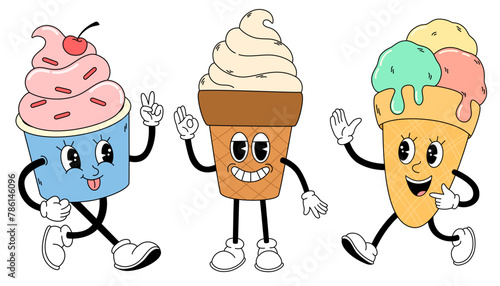 Groovy ice cream set. Hand draw Funny dessert mascot in retro style for caffe. Vector doodle comic collection © PawLoveArt