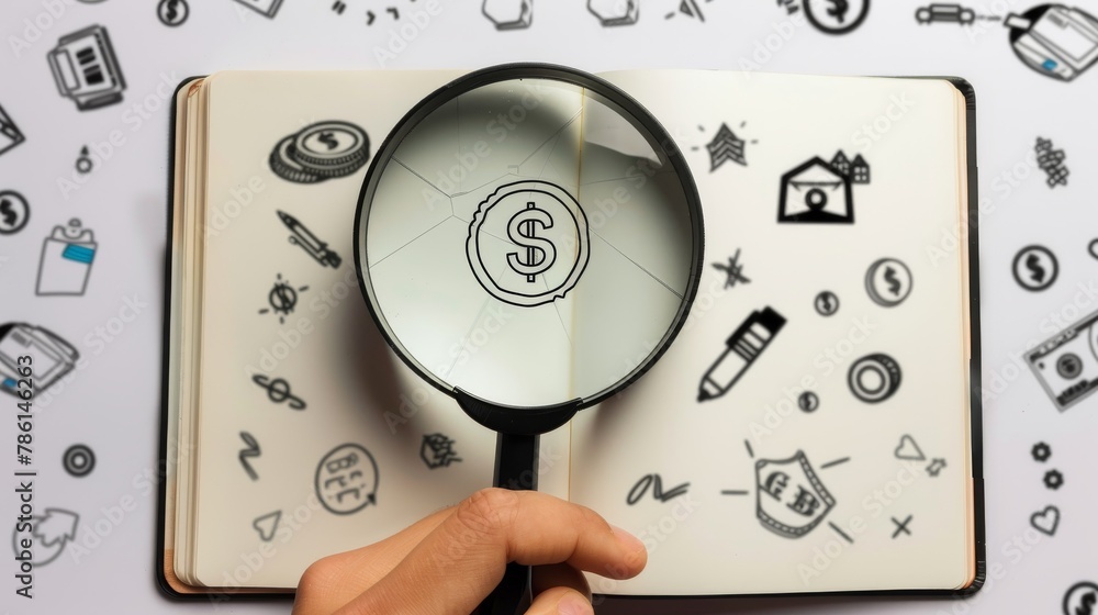 Fototapeta premium A hand holds a magnifying glass in front of a notebook filled with many icons. Financial operations, banking, lending, and so on are highlighted in the money icon.