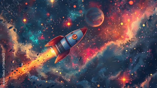 A delightful illustration showcasing a space-themed wallpaper adorned with a whimsical cartoon rocket traversing through a mesmerizing galaxy of colorful stars