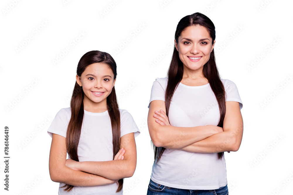 Close up photo pretty two people brown haired mum small little daughter crossed arms self-confidently standing ready win winner family competitions wear white t-shirts isolated bright blue background