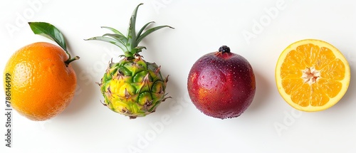 Four fruits lined up on a white background. An orange, a pineapple, a pomegranate, and a sliced orange.