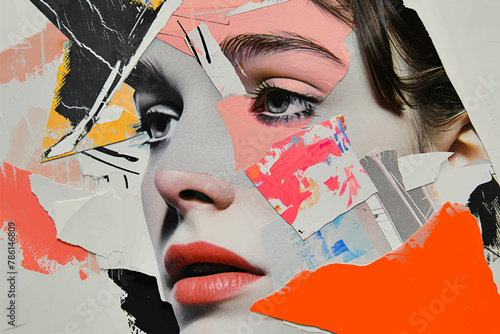 Abstract modern colorful collage art portrait young woman with geometric shape vector for International Women's Day background