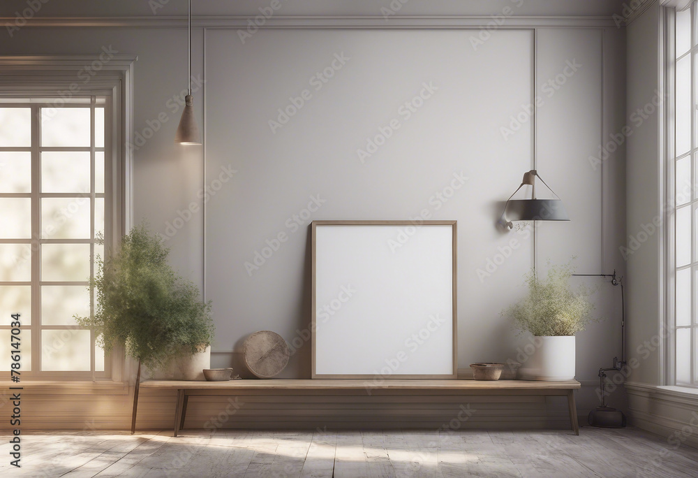 Mockup frame in farmhouse room interior background 3d render Mockup frame in farmhouse room interior background 3d render
