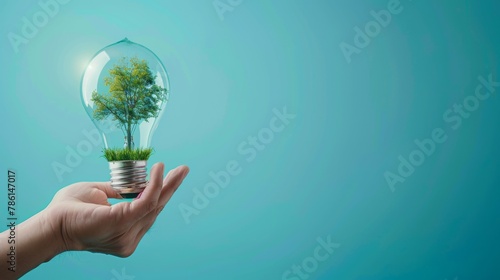 On a blue background, a hand holds a light bulb with green grass and a tree inside.