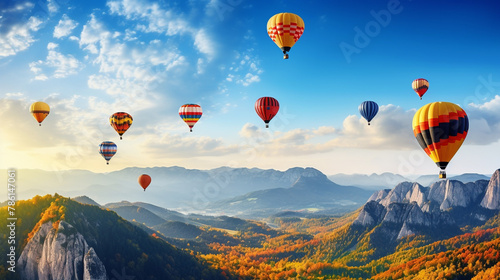 Colorful hot air balloons fly over the mountains, in forest and blue sky with clouds. © peekeedee