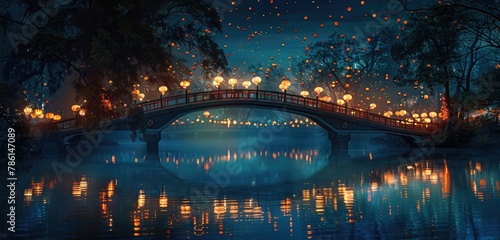 A bridge of paper lanterns ablaze with color, floating gracefully over a serene lake.