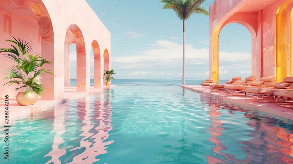 A beautiful landscape of the hotel with a pool of pink colors with a beautiful view of the sea