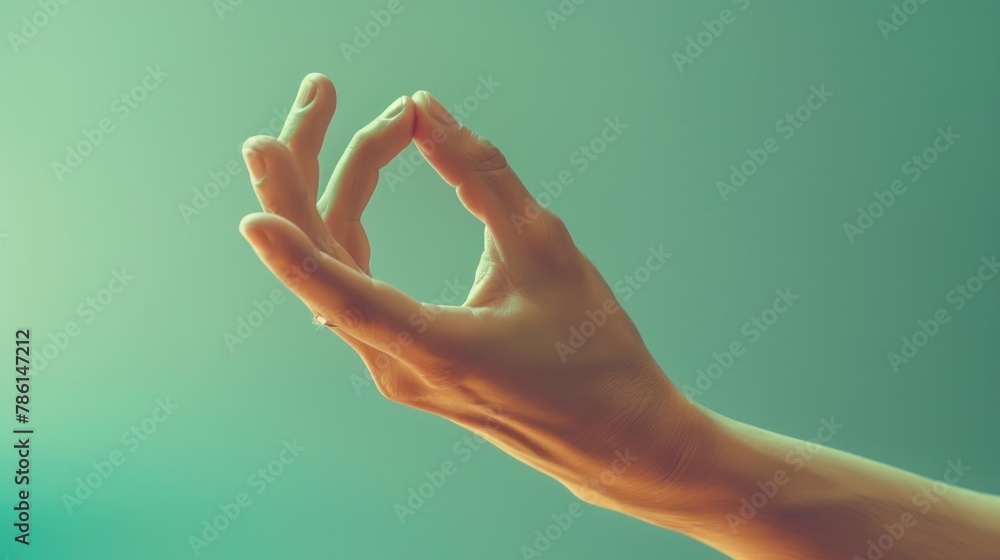 A yoga hand gesture in the Brahma mudra. Isolated on a toned background. - obrazy, fototapety, plakaty 