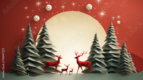 Deer in winter forest, Christmas Origami vector illustration, papercut style. © peekeedee