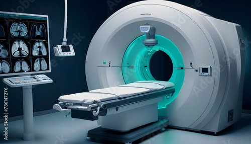 Next-gen diagnostics, modern interior featuring futuristic mri radiology scanner