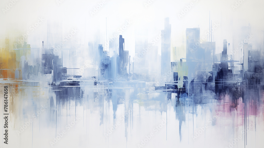 Urban landscape in watercolor paints, skyscrapers and buildings reflected in water, rainy sad day in blue and white tones, background color image Urban landscape in watercolor paints, skyscrapers and buildings reflected in water, rainy sad day in blue and white tones, background color image