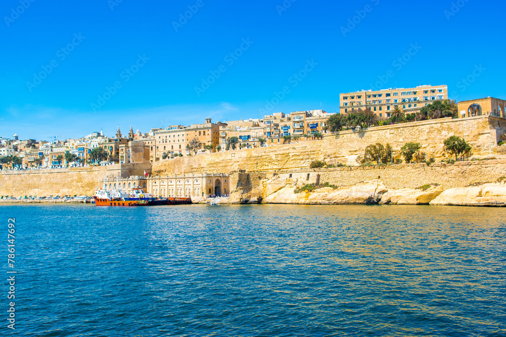 Landscape of old Valletta with old buildings and Grand Harbour, Malta