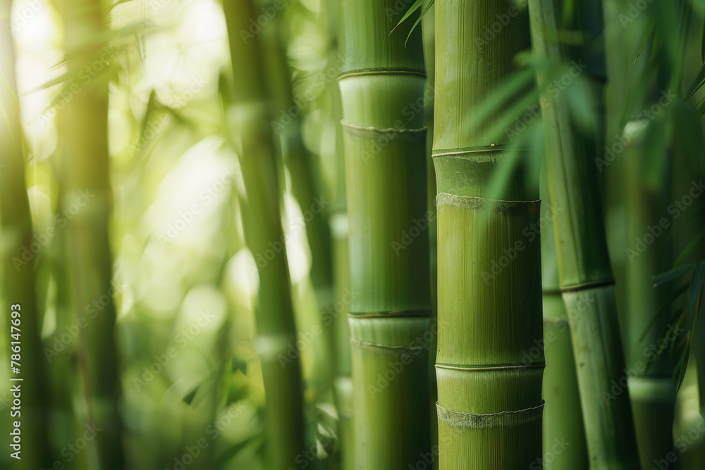 Obraz premium The serene beauty of a dense bamboo forest, with sunlight filtering through the tall, swaying stalks - Generative AI