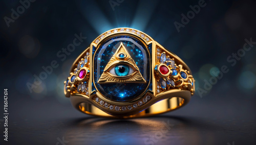 A gold ring with a pyramid and an all-seeing eye on it