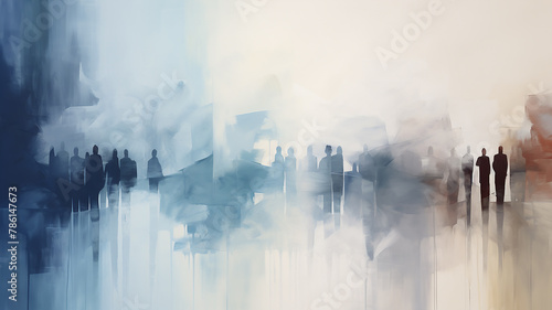 Passers-by, silhouettes of people in the urban landscape, walking in the rain, faded color background of the image, watercolor abstraction in white and blue tones