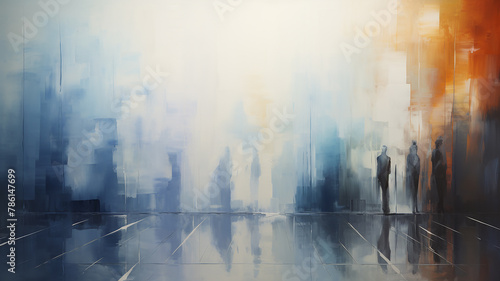 Passers-by, silhouettes of people in the urban landscape, walking in the rain, faded color background of the image, watercolor abstraction in white and blue tones