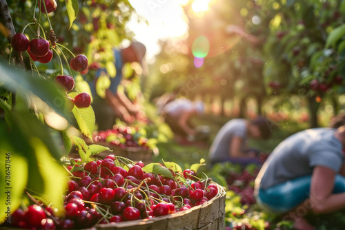 The cherry harvest in an orchard, focusing on the abundance of cherries being picked from the trees - Generative AI photo