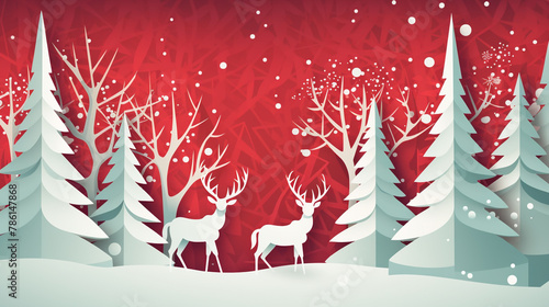 Deer in winter forest, Christmas Origami vector illustration, papercut style. © peekeedee