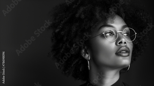 Black and white portrait of an African American model in glasses posing in the studio